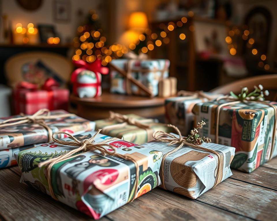 A beautifully arranged collection of creatively upcycled gift wraps made from vibrant, colorful magazine pages. In the foreground, a neatly wrapped gift showcases a variety of folding techniques, adorned with recycled twine and natural accents like dried flowers. In the middle ground, more hand-wrapped presents are elegantly displayed on a rustic wooden table, emphasizing the artistic reuse of magazine images. The background features a softly lit room with warm, ambient lighting, casting gentle shadows that enhance the textures of the wrapping paper. The atmosphere conveys a cozy, sustainable vibe, inspiring creativity and eco-consciousness in gift-giving. The image should be captured with a close-up lens, focusing on the details of the wrapping, depth of field highlights the craftsmanship, and eliminates any distractions, creating an inviting visual appeal.