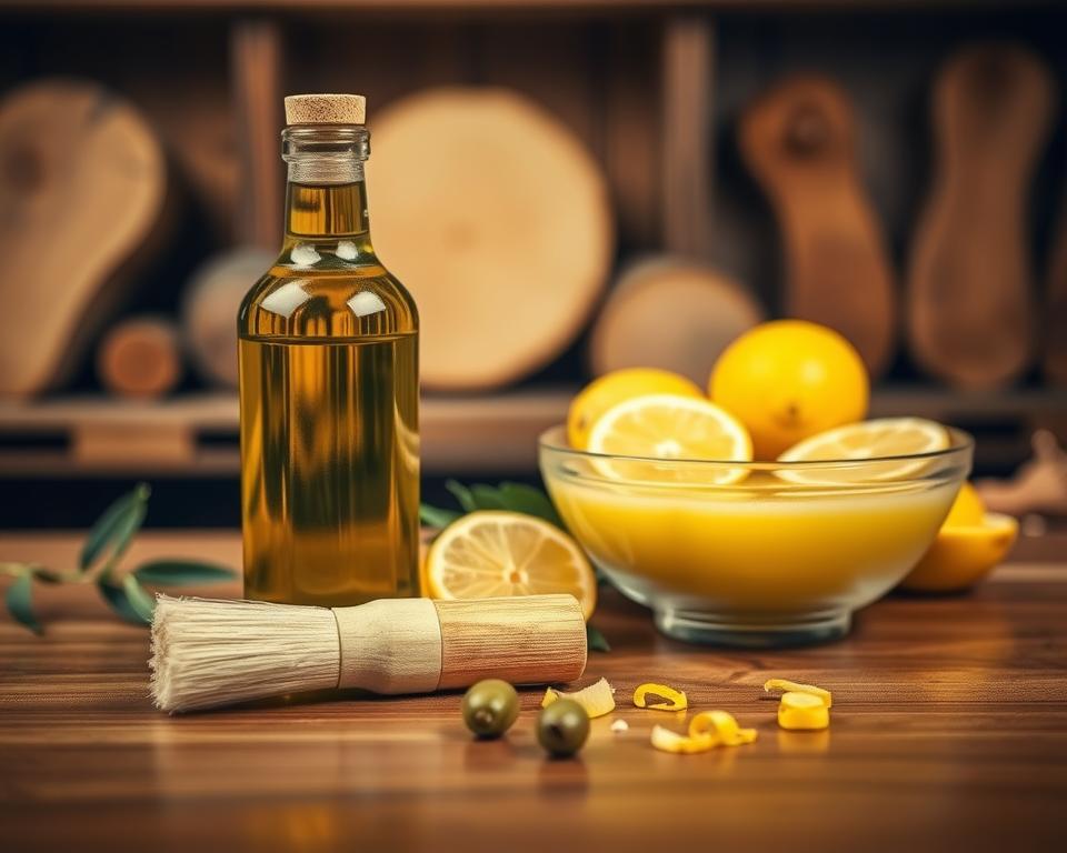 A beautifully arranged composition showcasing a bottle of olive oil and a bowl of freshly squeezed lemon juice, emphasizing their natural essence and purity. In the foreground, a wooden surface reflects a warm glow, with a small brush resting beside the bottle, hinting at its use as a wood polish. In the middle ground, delicate sprigs of fresh lemon zest and a few raw olives add texture and detail, creating a harmonious blend. The background features softly blurred shelves filled with rustic wooden pieces, evoking the charm of natural wood care. Soft, warm lighting enhances the mood, casting gentle shadows that highlight the freshness of the ingredients. The image conveys a wholesome, inviting atmosphere that celebrates the benefits of using olive oil and lemon for wood care.