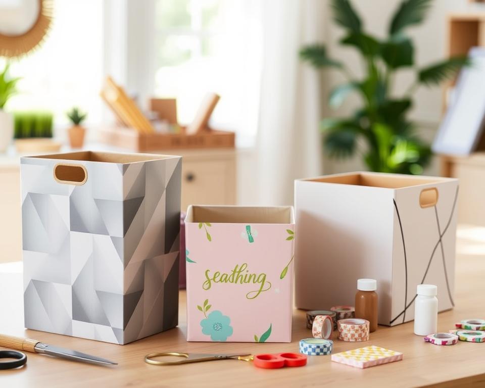 A beautifully arranged scene showcasing a variety of DIY storage bins made from cardboard, decorated with stylish patterns and colors. In the foreground, three distinct storage bins are displayed: one in a geometric print, another in a soothing pastel floral design, and the last in a modern monochrome style. The middle ground includes crafting supplies like scissors, decorative tape, and paints, suggesting an active DIY workspace. The background features a light-filled room with soft, natural lighting filtering through a window, enhancing the warm, inviting atmosphere. The composition is captured from a slightly elevated angle, highlighting the bins' unique designs and practical functionality, evoking a sense of creativity and organization. No people are present, allowing the focus to remain solely on the bins and their aesthetic appeal.