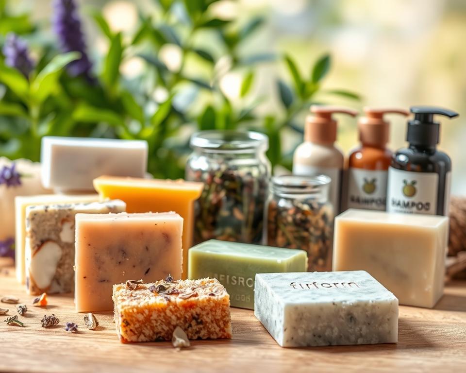 A beautifully arranged scene showcasing a variety of solid shampoo and conditioner bars displayed on a natural wooden surface. In the foreground, focus on vivid, textured bars in different shapes and colors, highlighting the customization aspect, with ingredients like lavender flowers, coconut pieces, and vibrant essential oils. The middle ground features a modern, small glass jar filled with organic herbs and oils, symbolizing versatility, alongside a few eco-friendly containers. In the background, soft, natural lighting filters through greenery, creating a serene and refreshing atmosphere. Use a shallow depth of field to softly blur the backdrop, emphasizing the handcrafted quality of the products. The overall mood should be inviting, eco-conscious, and luxurious, perfect for those seeking sustainable hair care solutions.