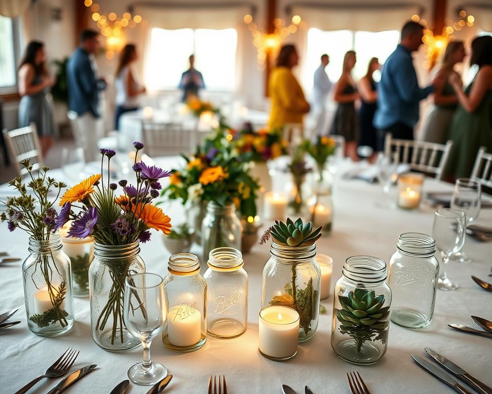A beautifully arranged table set for a unique event, featuring various repurposed glass jars as centerpieces. In the foreground, display an assortment of jars filled with colorful wildflowers and succulents, with some jars transformed into candle holders emitting a warm glow. The middle of the scene showcases an elegant tablecloth with fine tableware, surrounded by tasteful decorations like twinkling fairy lights woven around the jars. In the background, softly blurred silhouettes of guests in modest casual clothing can be seen mingling and enjoying the atmosphere. Natural light filters through nearby windows, casting gentle shadows and creating a cozy, inviting mood, perfect for a memorable gathering.