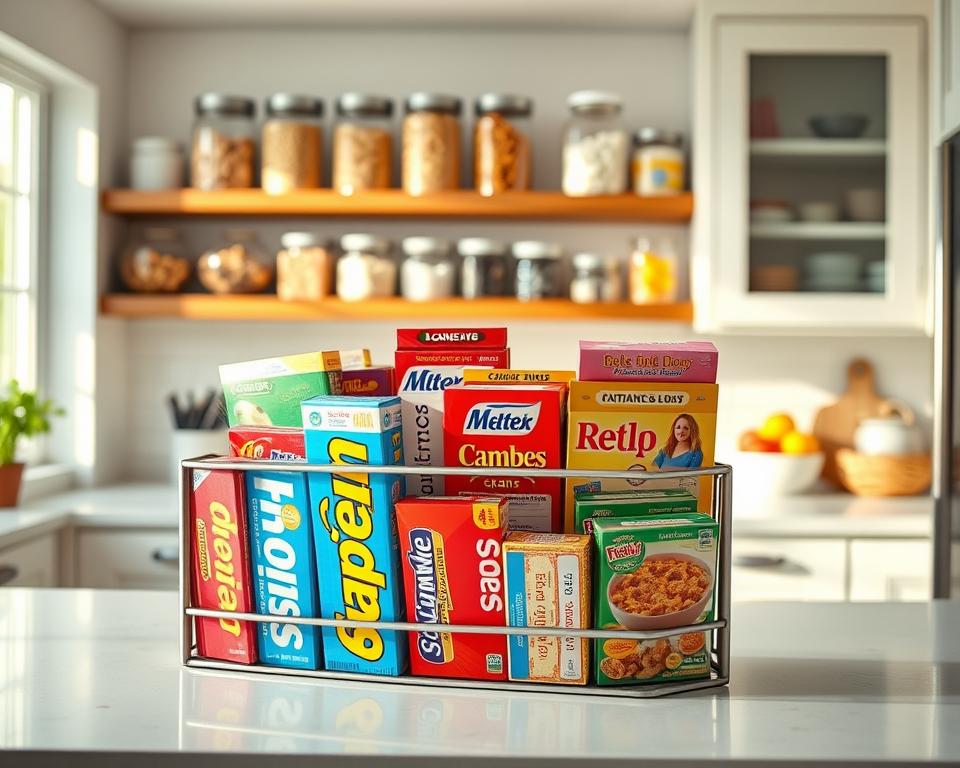 A beautifully organized kitchen featuring a stylish DIY cereal box organizer made from recycled materials. In the foreground, display the organizer filled with colorful cereal boxes, neatly arranged and labeled, showcasing various designs. In the middle, highlight a bright, modern kitchen with wooden shelves holding glass storage jars filled with grains and snacks, and a polished countertop with fresh fruits. The background includes light-colored cabinets and a window offering soft natural light, creating a warm, inviting atmosphere. Use a shallow depth of field to bring focus to the cereal box organizer while softly blurring the background. Capture the image with bright, cheerful lighting, evoking a sense of inspiration and creativity in home organization.
