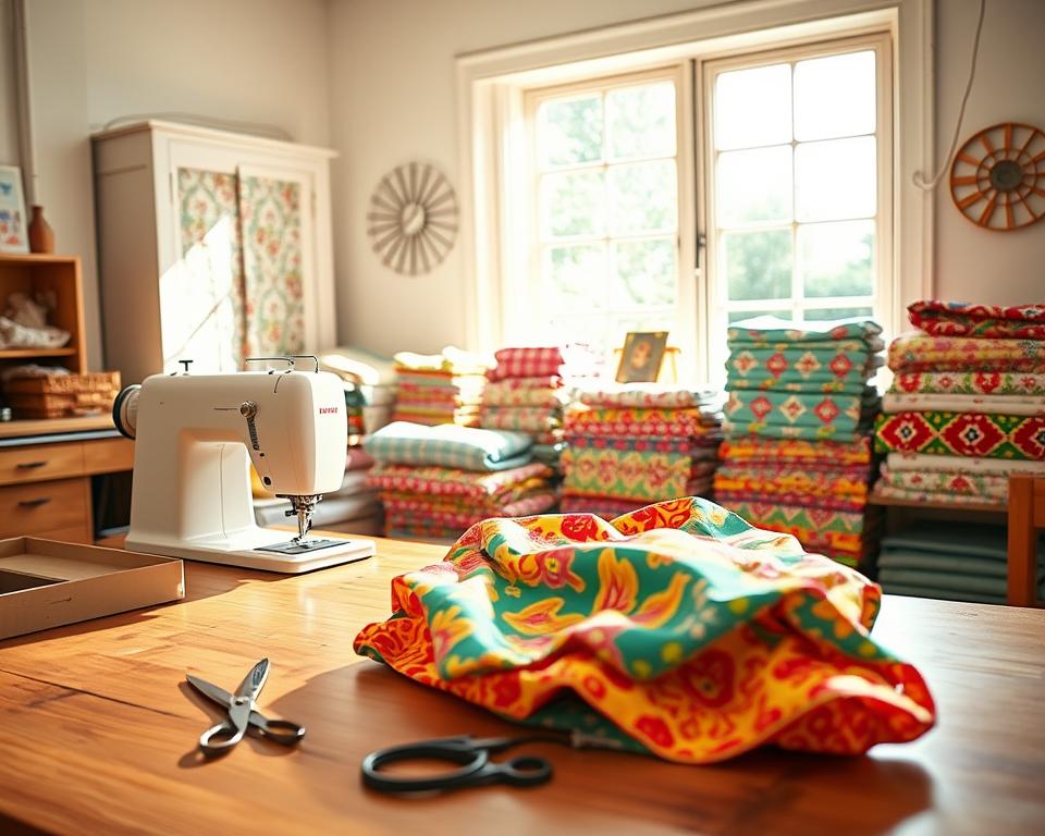 A bright, airy sewing workspace filled with vibrant old bed sheets repurposed into colorful reusable grocery bags. In the foreground, a neatly arranged sewing machine and scissors lie on a wooden table, with a partially sewn grocery bag prominently featured. In the middle, various patterned bed sheets are folded and stacked, showcasing their unique designs. To the background, a large window lets in warm, natural light, illuminating the room and enhancing the cheerful atmosphere. The scene conveys a sense of creativity and sustainability, with soft shadows adding depth. The overall mood is inviting and productive, reflecting the essence of sewing and crafting for a greener future.