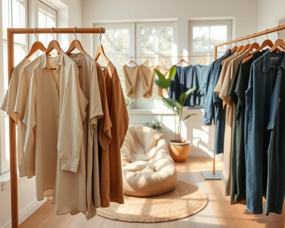 A bright and airy room showcasing a sustainable wardrobe. In the foreground, a wooden clothing rack displays neatly hung garments made from organic fabrics in earth tones—bamboo shirts, hemp dresses, and upcycled denim. In the middle ground, a cozy seating area features a cotton knit bean bag and a jute rug, hinting at a casual, eco-friendly lifestyle. Sunlight filters through large windows, creating soft shadows and highlighting the textures of the fabrics. A few potted plants add a touch of greenery, symbolizing growth and sustainability. The overall mood is warm and inviting, evoking a sense of comfort and conscious living, capturing the essence of mindful clothing choices in a beautiful, tranquil setting.