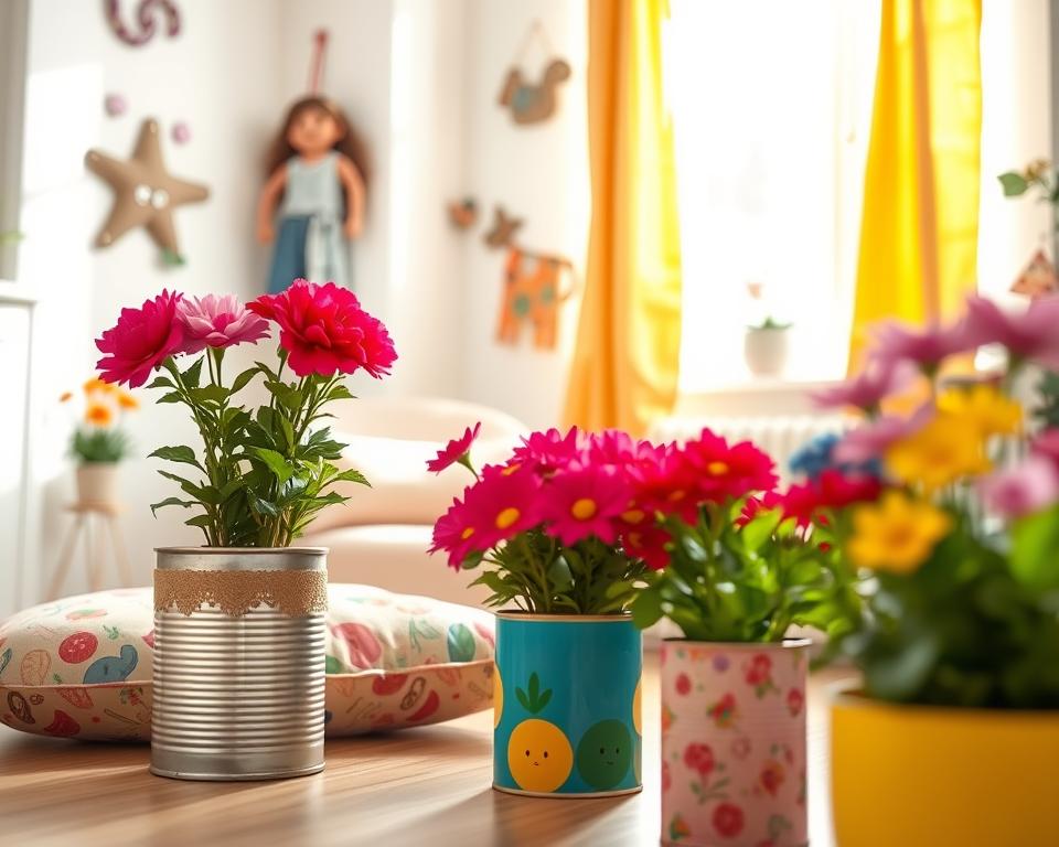 A bright and cheerful indoor scene showcasing a variety of kid-friendly DIY recycled home decor projects. In the foreground, colorful upcycled planters made from tin cans and plastic bottles are filled with vibrant flowers, while a cozy cushion crafted from old fabric scraps is placed nearby. The middle ground features a whimsically decorated wall using paper mâché animals and hanging art made from repurposed cardboard. The background reveals a sunny window with playful curtains made of old clothes, allowing natural light to flood the space. The atmosphere is warm and inviting, conveying creativity and sustainability. Soft, diffused lighting enhances the joyful mood, and a shallow depth of field blurs the edges, focusing on the decor elements.