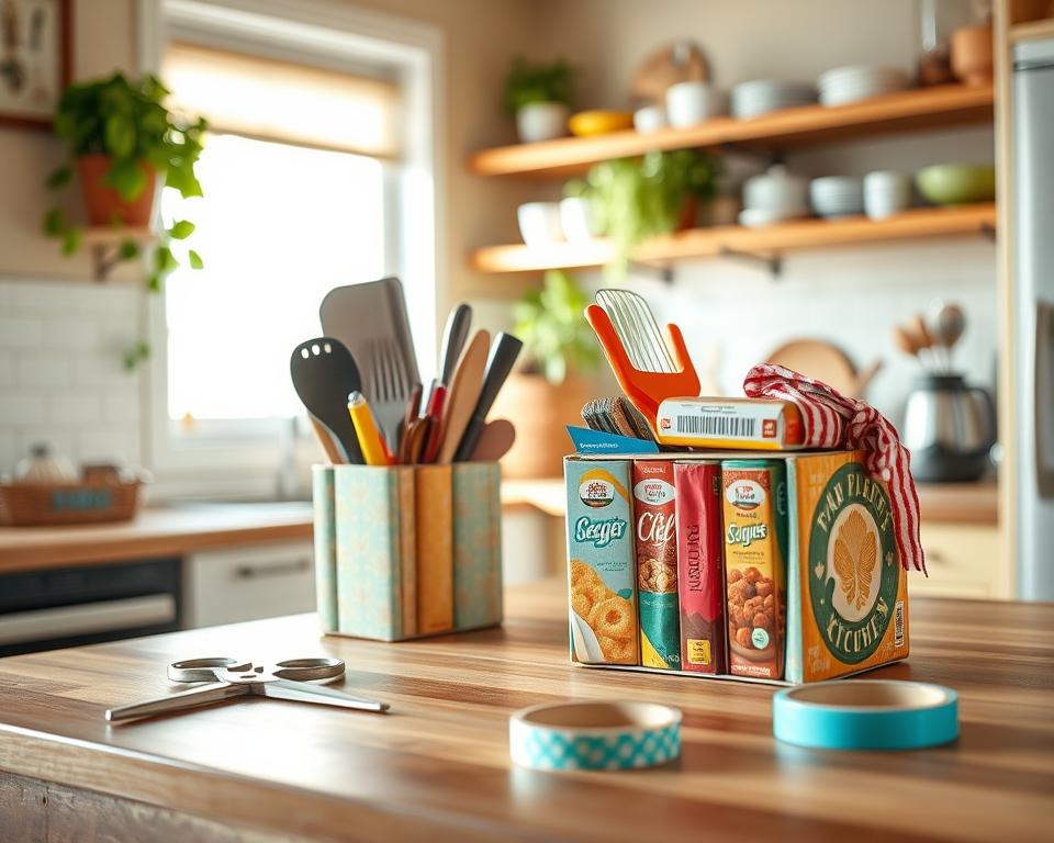 A bright and inviting DIY kitchen scene featuring a practical cereal box organizer in the foreground. The organizer is creatively fashioned from colorful cereal boxes, arranged neatly to hold kitchen utensils, spices, and small kitchen tools. In the middle ground, a wooden countertop displays a pair of scissors and decorative washi tape, suggesting an ongoing crafting process. The background showcases a cozy kitchen with soft, natural light pouring through a window, illuminating fresh herbs in pots and cheerful dishware on shelves. The atmosphere is warm and inspiring, encouraging creativity and organization. Capture this scene from a slightly elevated angle, emphasizing the textures and colors of the cereal boxes and the overall inviting nature of the space.