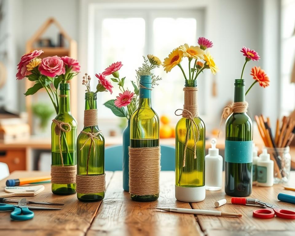 A bright and inviting DIY workspace featuring beautifully transformed wine bottles as stunning vases. In the foreground, showcase a variety of wine bottle vases, each uniquely decorated with twine, paint, and flowers, arranged on a rustic wooden table. In the middle ground, include essential crafting tools like scissors, glue, and paintbrushes neatly organized, adding to the DIY theme. The background shows a softly blurred window with natural light streaming in, creating a warm, cheerful atmosphere. The color palette should be vibrant, emphasizing greens, blues, and earthy tones. Use a slight depth of field to highlight the vases while maintaining a cozy and inspiring mood for a crafting environment.