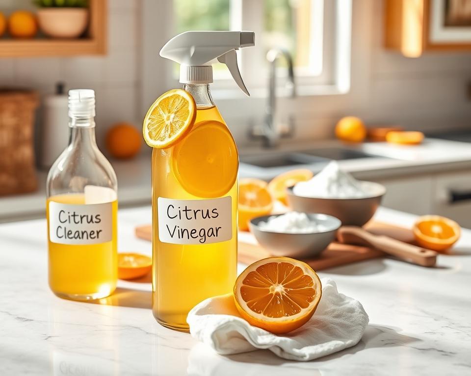 A bright and inviting kitchen countertop filled with various cleaning applications of homemade citrus vinegar cleaner. In the foreground, a glass bottle filled with golden citrus vinegar, adorned with slices of lemon and orange. Beside it, a spray bottle labeled "Citrus Cleaner" and a clean, fresh cloth. In the middle ground, a wooden cutting board hosts a bowl of baking soda and a few cleaning utensils like a scrub brush and sponge. In the background, natural light streams through a window, casting soft shadows and highlighting the vibrant colors of citrus fruits scattered artistically around. The scene evokes a sense of freshness and eco-friendliness, inspiring viewers to explore natural cleaning solutions. High-resolution, well-lit, with a warm and inviting atmosphere.