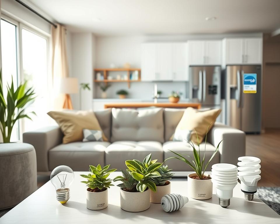A bright and modern living room showcasing energy-efficient alternatives, featuring LED light bulbs, a smart thermostat, and energy-saving appliances. In the foreground, a cozy couch with eco-friendly cushions faces a sleek coffee table adorned with potted plants, suggesting a vibrant, healthy environment. In the middle, a large window allows natural light to flood in, illuminating the space and highlighting the products. In the background, an open kitchen area displays a stylish refrigerator marked with an energy star label. The lighting is soft and balanced, capturing a warm and inviting atmosphere. The angle captures both the living area and kitchen, emphasizing an eco-conscious lifestyle within a contemporary home. The overall mood is fresh, sustainable, and inspiring, conveying a commitment to reducing energy waste.