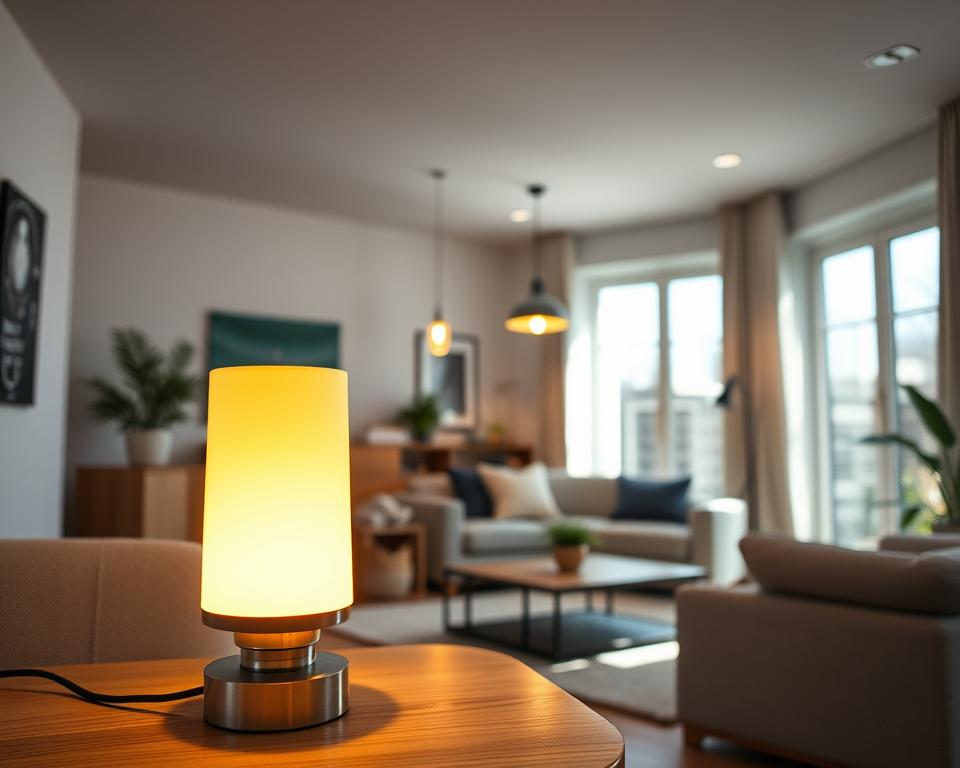 A bright, modern home interior showcasing energy-efficient lighting solutions. In the foreground, a stylish table lamp using LED technology emits a warm, inviting glow, its sleek design reflecting contemporary aesthetics. In the middle, a cozy living room setting featuring pendant lights and recessed ceiling fixtures, illustrating different lighting options. Soft shadows cast by the fixtures create an inviting ambiance. In the background, large windows let in natural sunlight, enhancing the room's brightness and emphasizing energy efficiency. The scene is viewed from a slightly elevated perspective, capturing both the layout and lighting dynamics. The overall mood is warm and welcoming, promoting comfort and sustainability.