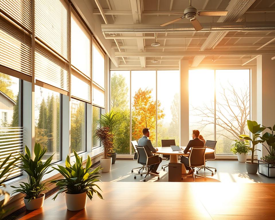 A bright, sunlit open office space during different seasons, showcasing the transformation of natural light throughout the year. In the foreground, a large window with adjustable blinds casts soft shadows on a polished wooden desk adorned with green plants. The middle ground features a stylish workspace, with comfortable chairs and a large, round table where a small group of professionals in business attire discuss ideas, warmed by the golden hue of late afternoon sunlight. In the background, seasonal changes are depicted through the lush greenery of spring, vibrant autumn leaves, and soft winter light filtering through bare branches. The atmosphere is inviting and productive, with ethereal sunlight illuminating the room, emphasizing the importance of harnessing natural light for energy efficiency.