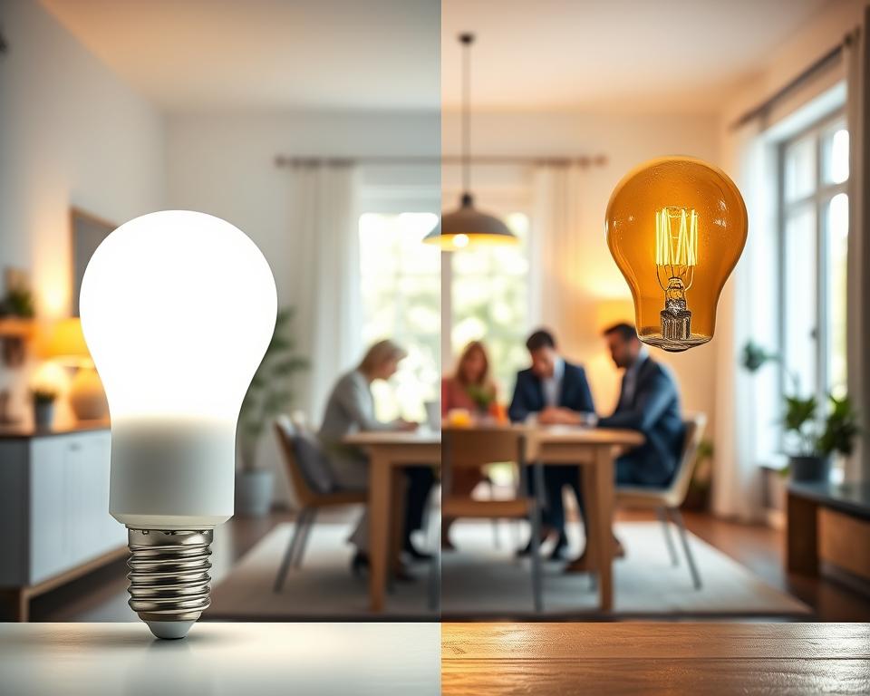 A bright, well-lit home interior showcasing a side-by-side comparison of LED lighting and traditional incandescent bulbs. In the foreground, place a sleek LED bulb emitting a cool, white light, illuminating a modern living space with energy-efficient decor. Next to it, an incandescent bulb casts a warm, yellow glow, highlighting shadows on an old-fashioned lampshade. In the middle ground, include a family gathered around a dining table, comfortably enjoying their time, dressed in professional business attire. The background features a window with natural light streaming in, creating a welcoming atmosphere. Employ soft focus on the edges to bring attention to the lighting differences, emphasizing safety and efficiency. The mood should feel safe, inviting, and modern, highlighting the advantages of LED lighting over traditional options.