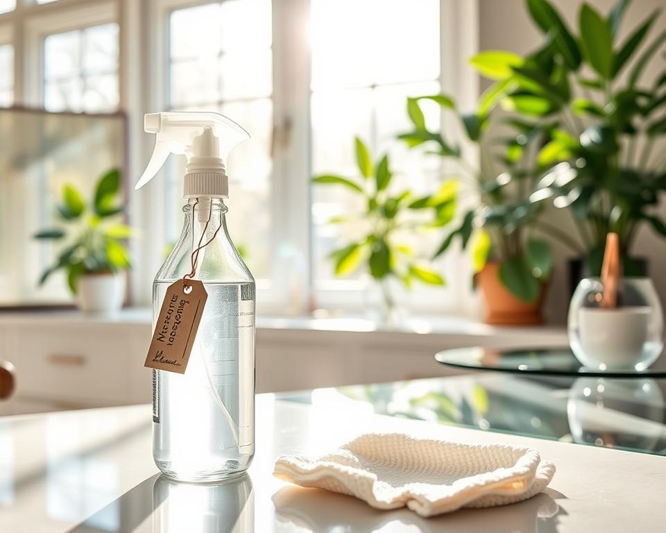 A brightly lit kitchen countertop showcasing a DIY natural glass cleaner setup. In the foreground, a clear spray bottle filled with a light, refreshing solution, labeled with a simple yet elegant tag, stands next to a microfiber cloth. The middle ground features a reflection of sunlight streaming through large, gleaming windows, enhancing the ambiance with a warm glow. Various glass surfaces are visible, including a mirror and glass table, both exhibiting a streak-free shine. In the background, houseplants add a touch of greenery, creating a clean and inviting atmosphere. The shot is framed from a slight overhead angle, using soft natural lighting to emphasize clarity and freshness. The overall mood is tranquil and refreshing, evoking a sense of cleanliness and natural solutions for home care.