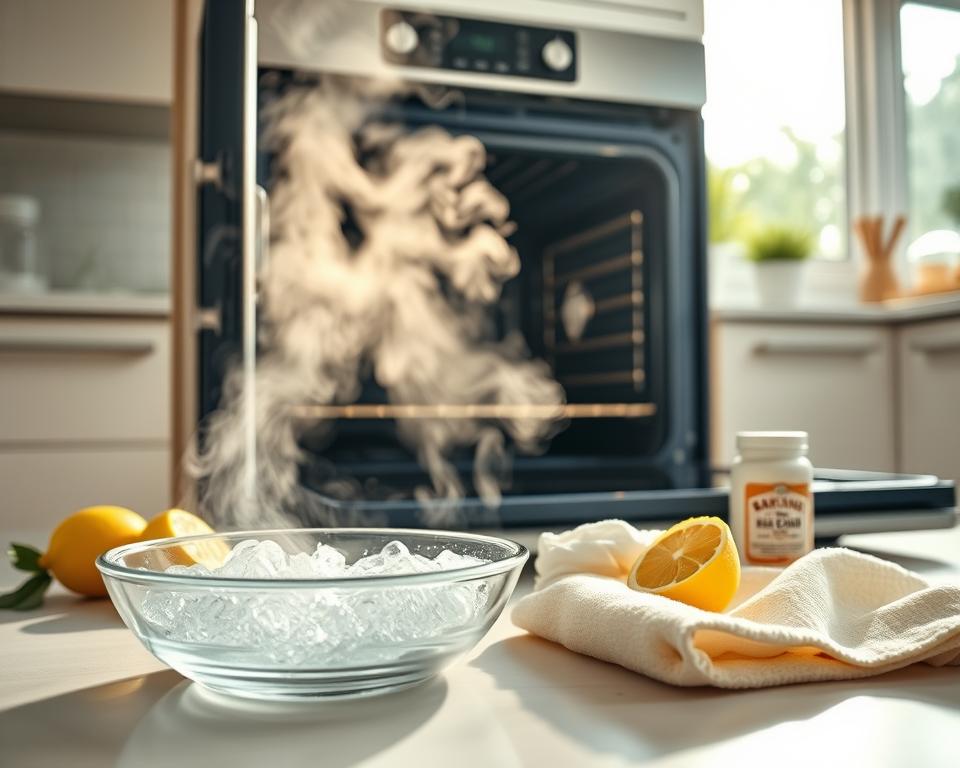 A brightly lit modern kitchen with a focus on an open oven, showcasing steam visibly rising from within. In the foreground, a close-up of the oven door is slightly ajar, revealing bubbling water in a dish, indicating the steam cleaning process. The middle section features scattered natural cleaning materials, such as lemon halves, baking soda, and a soft cloth. The background consists of sleek countertops and cabinets, with sunlight filtering through a window, creating a warm and inviting atmosphere. The overall mood is fresh and eco-friendly, highlighting the natural aspect of cleaning. The image should be captured from a slightly low angle, offering a clear view of the oven's interior while maintaining a cozy kitchen environment. Essential details are visible, and the composition is well-balanced without any text or distractions.