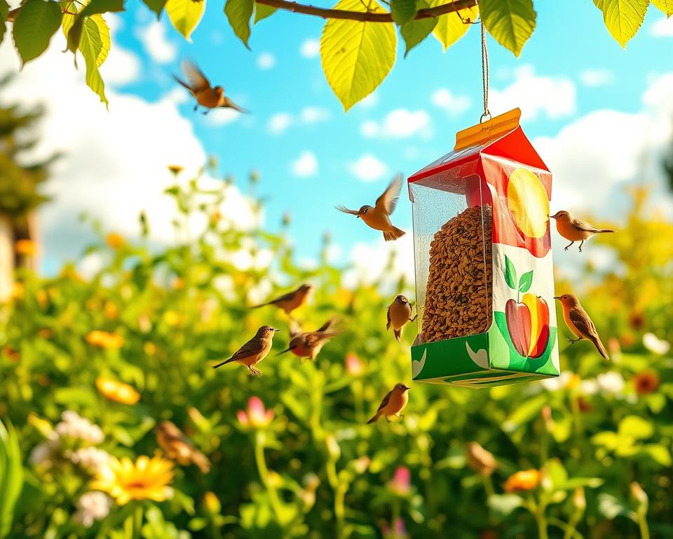 A charming DIY bird feeder crafted from a repurposed juice carton, nestled in a vibrant garden. In the foreground, the colorful bird feeder hangs from a sturdy branch, filled with sunflower seeds and attracting a variety of small birds in lively motion. The middle ground reveals lush greenery with blooming flowers, while the background showcases a bright blue sky scattered with soft, fluffy clouds. The image is bathed in warm, golden sunlight, creating a joyful and inviting atmosphere, perfect for birdwatching. Capture the scene from a slightly low angle to emphasize the activity of the birds flitting around the feeder, with a focus on the intricate details of the carton and the beautiful surroundings.