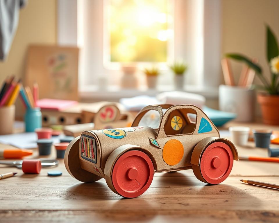 A charming DIY eco-friendly toy car crafted from cardboard rolls, set against a bright, cheerful backdrop. In the foreground, the toy car features vibrant colors, with detailed stickers and embellishments made from recycled materials, showcasing its unique design. The middle ground includes a cozy crafting workspace with scattered art supplies, like colored paper, scissors, and small paint pots, hinting at the creative process. In the background, a sunlit window casts soft, warm light that highlights the textures of the cardboard, adding a natural glow to the scene. This inviting atmosphere conveys the joy of eco-friendly crafting, inspiring families to create together in a sustainable way.