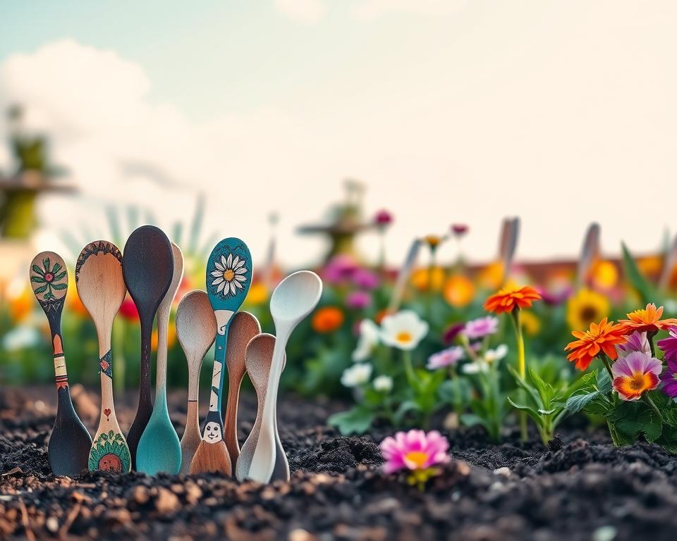A charming garden scene featuring beautifully upcycled wooden spoons as decorative elements. In the foreground, a variety of intricately painted wooden spoons are artistically arranged in a whimsical way, some stuck into the earth as markers for different plants. The middle ground showcases a vibrant flower bed blooming with seasonal flowers, with the spoons enhancing the overall visual appeal. The background reveals a clear, sunny sky with soft white clouds, casting gentle, natural light that illuminates the garden. The atmosphere is cheerful and creative, inviting viewers to appreciate the beauty of upcycled garden decor. The composition is captured with a slight tilt-shift lens effect to emphasize the garden's delightful details and colors.
