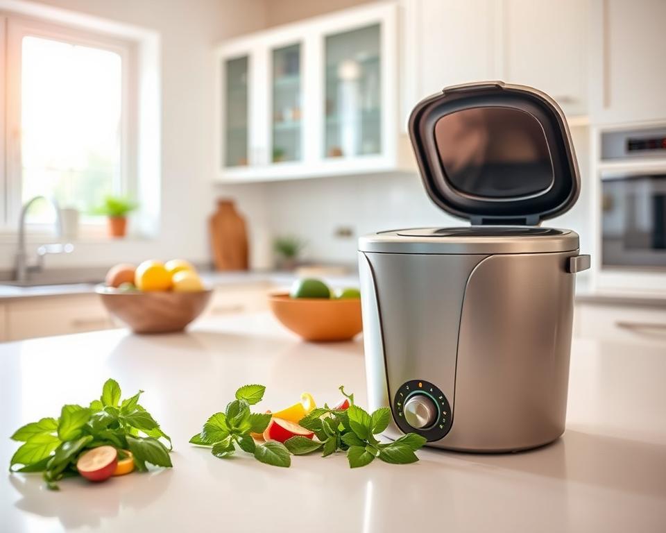 A clean and modern kitchen countertop, featuring a stylish compost bin with a lid slightly ajar, allowing the viewer to see fresh kitchen scraps like vegetable peels and coffee grounds. In the foreground, a few herbs such as basil and mint are placed beside a small, elegant air purifier designed to neutralize odors. The middle ground showcases a vibrant fruit bowl, while the spacious background reveals a well-lit kitchen with bright white cabinets and a window letting in natural light. The atmosphere is fresh and inviting, emphasizing cleanliness and sustainability. Soft, warm lighting filters through the window, creating a serene and peaceful environment that highlights the importance of managing compost odors effectively.