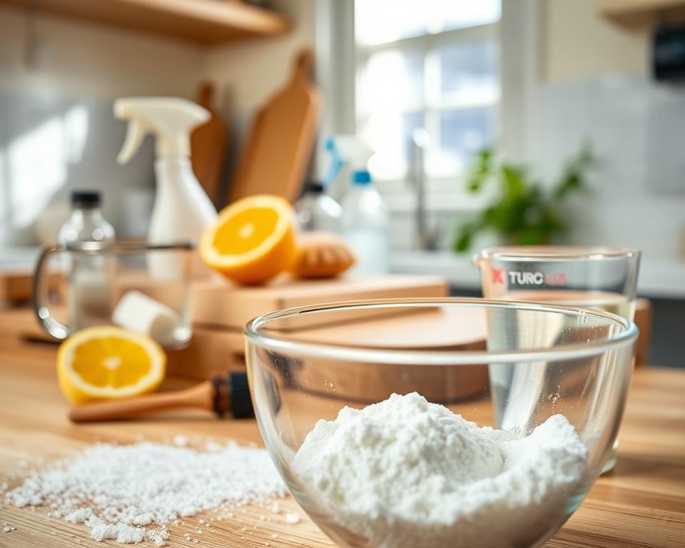 A clean, vibrant kitchen scene showcasing a homemade baking soda scrub setup. In the foreground, a glass bowl filled with a fluffy, white baking soda mixture, alongside a small wooden spoon and a few drops of essential oil nearby. A measuring cup filled with water sits to the side. In the middle background, a wooden countertop is adorned with an assortment of cleaning supplies, such as a citrus slice and a natural bristle brush, enhancing the DIY theme. Soft, warm lighting streams in from a nearby window, creating a cozy and inviting atmosphere. The angle captures depth, emphasizing the textures of the scrub and the colorful kitchen elements.