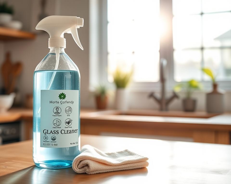 A clear and inviting scene featuring a bottle of non-toxic glass cleaner with a minimalist design, placed on a wooden kitchen countertop. The bottle is transparent, showcasing the light blue liquid inside, labeled with eco-friendly symbols. In the foreground, a microfiber cloth is neatly folded alongside the bottle. In the middle ground, a sparkling clean window reflects soft morning light filtering through, creating a warm, positive atmosphere. The background includes a serene kitchen setting with plants and natural light, emphasizing a clean and fresh lifestyle. Use soft, diffused lighting to enhance the peaceful aesthetic, captured from a slightly elevated angle to highlight the cleaner and window. The overall mood is calm and inviting, promoting a sense of cleanliness and simplicity.