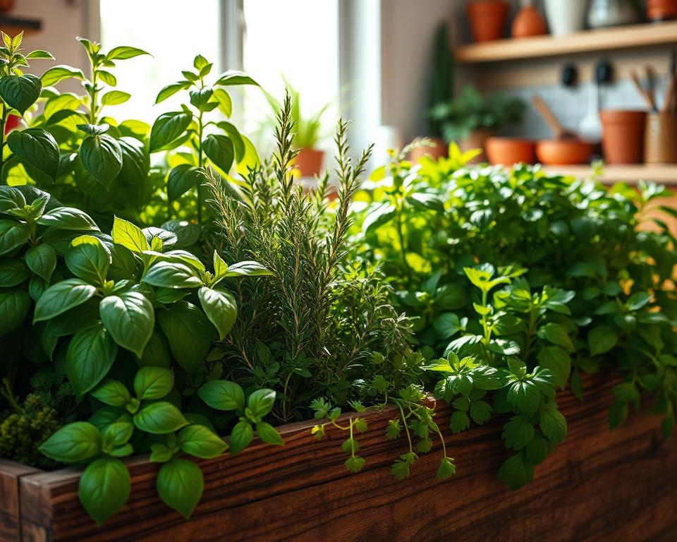 A close-up arrangement of lush indoor herb plants, showcasing various herbs like basil, thyme, rosemary, and parsley in vibrant shades of green. The foreground features a rustic wooden planter filled with healthy herbs, their leaves glistening under soft, natural sunlight filtering through a nearby window. In the middle ground, light pours in, illuminating an inviting kitchen setting with terra-cotta pots and small gardening tools scattered around. The background displays a clean, organized kitchen space with pots and jars for herb storage. The overall atmosphere is warm and inviting, suggesting a serene home gardening experience, with gentle shadows and highlights enhancing the textures of the leaves and soil.