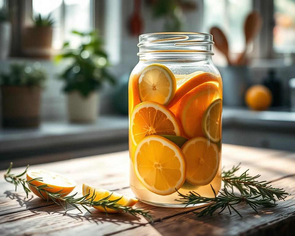 A close-up shot of a clear glass jar filled with vibrant citrus slices—lemons, oranges, and limes—immersed in a pale golden-hued vinegar. The jar is placed on a rustic wooden table, with sprigs of fresh herbs like rosemary and thyme scattered around it. Gentle sunlight filters through a nearby window, casting soft, natural light and delicate shadows across the scene, enhancing the freshness of the ingredients. In the background, a cozy kitchen setting is subtly blurred out, featuring a hint of potted plants, and a splash of color from kitchen utensils. The overall mood is warm, inviting, and homey, evoking the essence of homemade and sustainable cleaning solutions.