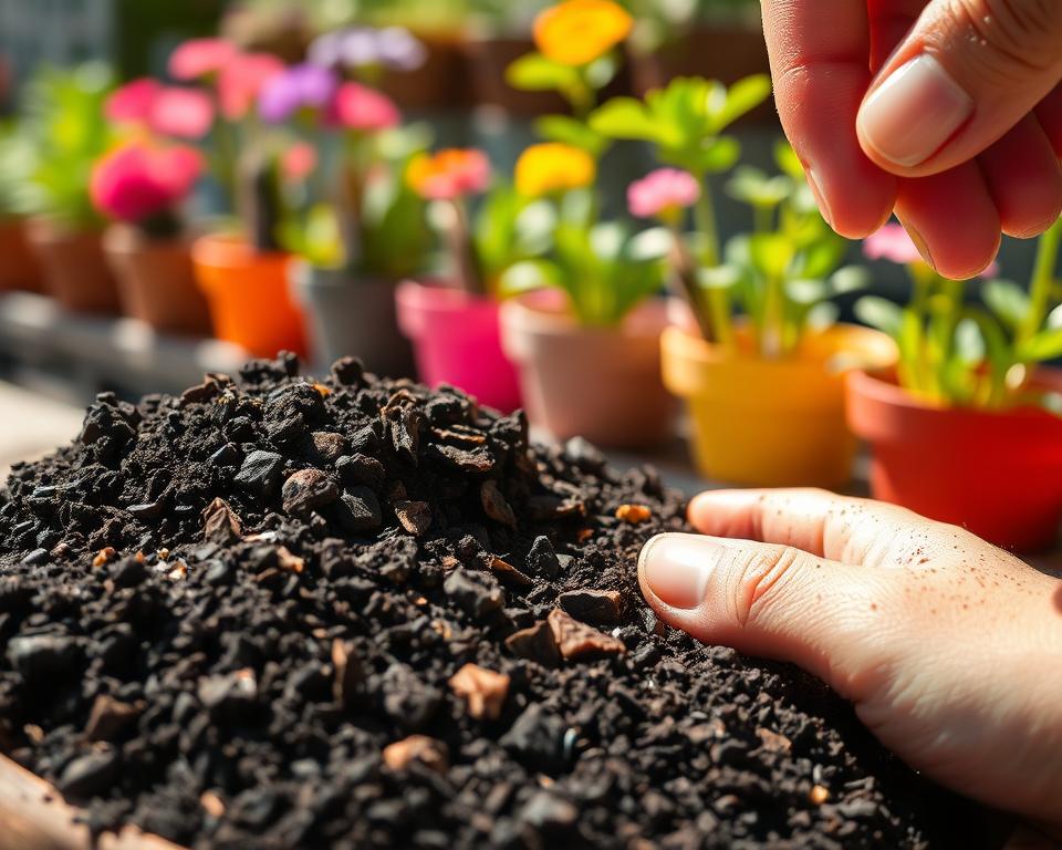 A close-up shot of a rich, dark potting mix, showcasing its organic textures and moisture, as it spills out from a small, rustic wooden container. In the foreground, there is a hand gently sifting through the mix, revealing small bits of perlite and shredded bark that enhance drainage. The background features a blurred array of colorful flower pots displaying thriving plants, creating a vibrant garden atmosphere. Soft, natural sunlight filters in from the left, casting gentle shadows that highlight the earthy colors. The overall mood is warm and inviting, encouraging a sense of connection to nature and gardening. A shallow depth of field keeps the focus on the potting mix while softly blurring the vivid greenery behind it.