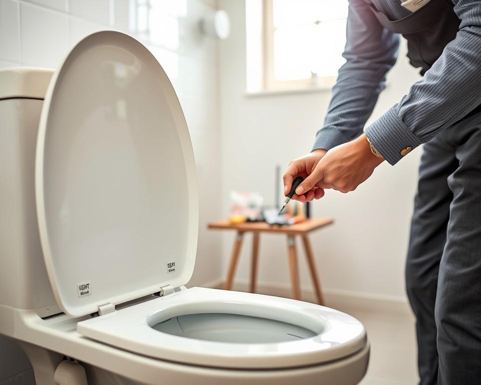 A close-up view of a dual-flush toilet undergoing maintenance. In the foreground, a skilled technician in professional attire is carefully inspecting the toilet's mechanism, holding tools like a screwdriver and a wrench. The toilet, featuring modern design elements, showcases both flush buttons clearly labeled for light and heavy waste use. In the middle ground, various maintenance tools are neatly arranged on a small workbench, indicating an organized approach to repairs. The background includes a well-lit bathroom setting, with soft, natural light filtering through a window, illuminating the scene. The atmosphere is professional and focused, conveying a sense of diligence and expertise in maintaining plumbing fixtures. The colors are bright yet calming, emphasizing cleanliness and efficiency.