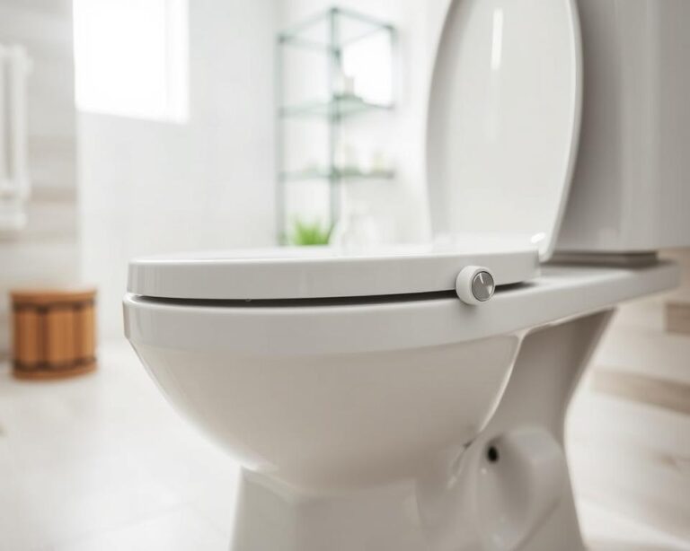 A close-up view of a dual-flush toilet's water level adjustment mechanism, set against a bright, well-lit bathroom. In the foreground, focus on the toilet tank, highlighting the float mechanism and the adjustment screw, with clear details showing how the float impacts the water level. The middle ground features the toilet bowl, emphasizing its sleek design and modern finish. The background displays a clean, minimalist bathroom environment with neutral-colored tiles and a hint of a decorative plant, creating an inviting and informative atmosphere. The lighting is bright and natural, illuminating the entire scene to enhance the clarity of the mechanical components. The overall mood is practical and educational, ideal for illustrating a DIY home improvement guide.