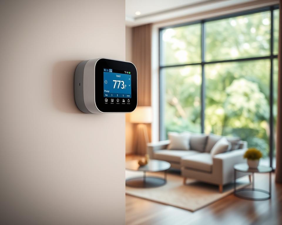 A close-up view of a modern programmable thermostat mounted on a sleek wall in an elegant, well-lit living room. The foreground features the thermostat displaying its advanced features like a user-friendly touchscreen interface, schedule programming options, and energy usage statistics. In the middle ground, a stylish couch and a decorative lamp create a cozy, inviting atmosphere. The background showcases large windows with soft, natural light filtering in, revealing a lush green garden outside. The overall mood is sophisticated yet approachable, highlighting the technological integration in a comfortable home environment. Soft lighting casts gentle shadows, enhancing the modern design of the thermostat while maintaining a clean and professional appearance. No text or overlays present.