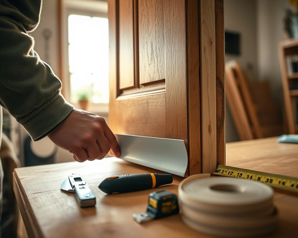 A close-up view of a person installing weatherstripping on a door frame, showcasing the DIY process with precision. The foreground features a hand applying adhesive weatherstrip material to the bottom edge of a sturdy wooden door, demonstrating the application technique. In the middle ground, tools like a utility knife, measuring tape, and a small roll of weatherstripping are neatly arranged on a workbench, emphasizing an organized workspace. The background displays a partially open window allowing natural light to filter through, illuminating the scene with a warm, inviting glow. The atmosphere feels focused and productive, reflecting a cozy home improvement project. The person is dressed in modest casual clothing, engaged in a hands-on task, showcasing the practical nature of the DIY installation.