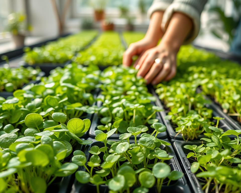 A close-up view of a vibrant array of microgreens growing in a well-lit indoor environment. In the foreground, focus on various types of microgreens, such as pea shoots, radish greens, and sunflower sprouts, flourishing in small, labeled trays. The leaves gleam with dew, showcasing their freshness and vitality. In the middle, include a gardener's hands gently tending to the microgreens, wearing modest casual clothing, highlighting the nurturing aspect of growing. In the background, soft, natural daylight filters through a window, creating a warm and inviting atmosphere. The overall mood is serene yet energizing, evoking a sense of growth and healthy living. Aim for a shallow depth of field to emphasize the lush greens while softly blurring the background.