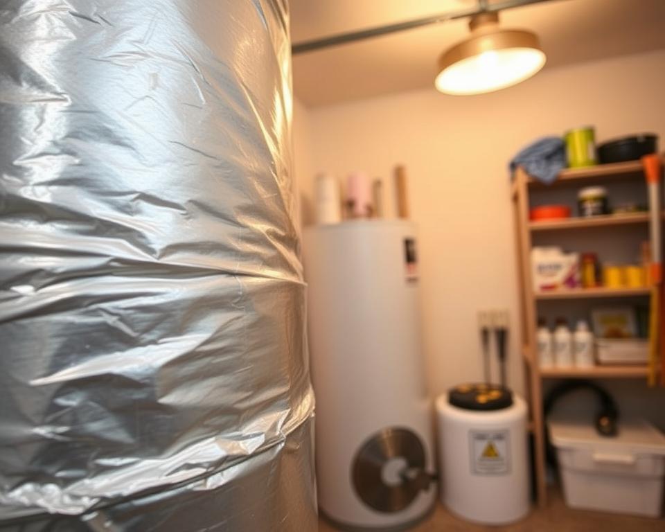 A close-up view of a well-insulated water heater in a home setting, showcasing a thick, silver reflective insulation wrap surrounding the tank. The foreground features detailed textures of the insulation material, with the seams and fasteners clearly visible. In the middle ground, a tidy utility room is depicted, with shelves organized with energy-saving products and tools. The background subtly includes a soft-focus wall painted in pale colors, enhancing the cozy atmosphere. The lighting is warm and inviting, emanating from a ceiling light that casts soft shadows, creating a sense of comfort. The overall mood is one of efficiency and energy savings. The angle is slightly elevated, providing a clear view of the water heater and its insulation without any distracting elements.