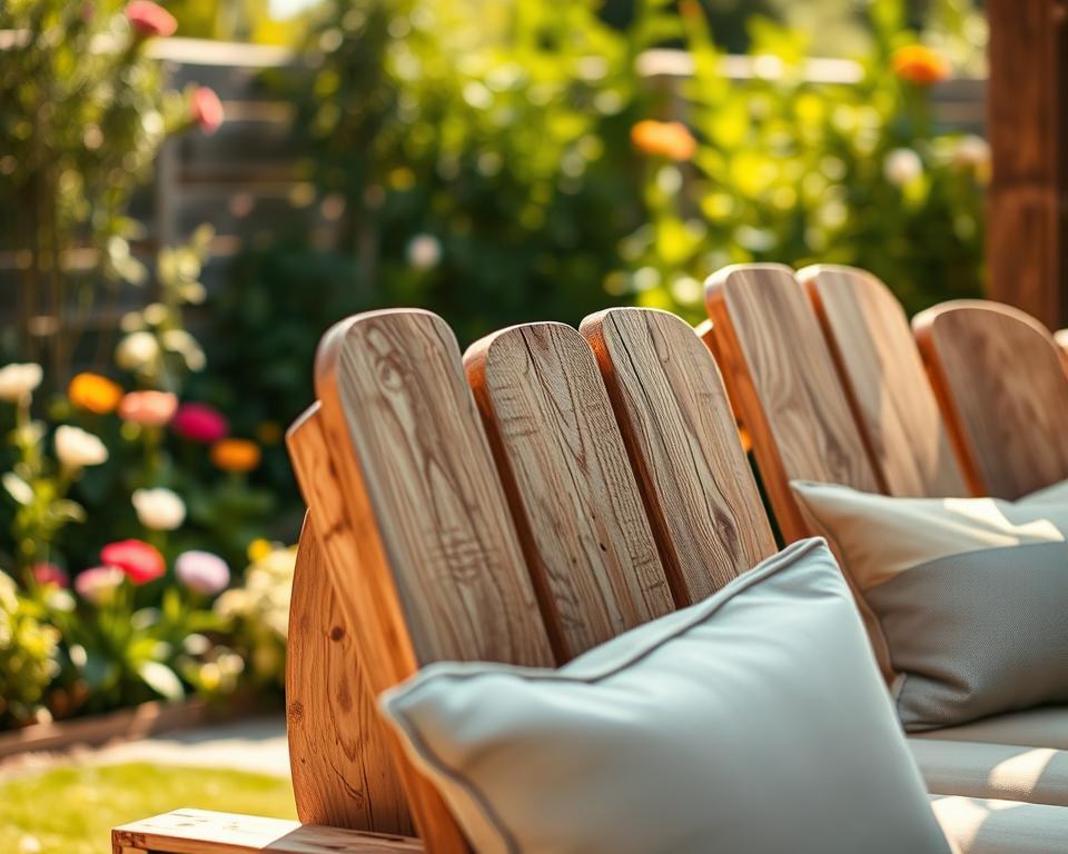 A close-up view of an elegantly designed wooden backrest for outdoor lounge seating, showcasing its intricate craftsmanship and unique upcycled pallet features. The backrest, made from weathered wood, boasts natural textures and soft curves. In the foreground, the backrest is placed against a blurred backdrop of a serene garden, filled with greenery and colorful flowers, capturing a relaxing summer atmosphere. The lighting is warm and inviting, suggesting late afternoon sun casting gentle shadows. The angle highlights the backrest’s ergonomic shape, making it appear both functional and stylish. Soft cushions in neutral tones rest against the backrest, enhancing comfort and inviting relaxation in this outdoor setting.