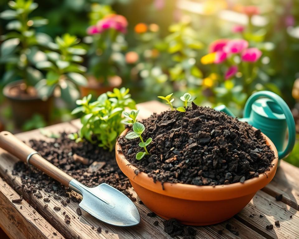 A close-up view of rich, dark potting soil suitable for container gardens, displayed in a rustic terracotta pot nestled on a weathered wooden table. Surrounding the pot are fresh green seedlings and small gardening tools, like a trowel and watering can, emphasizing the nurturing aspect of plant care. In the background, softly blurred greenery and vibrant flowering plants create a garden atmosphere. Natural sunlight filters through, casting gentle shadows and highlighting the soil's texture, giving a sense of warmth and vitality. The overall mood is serene and inviting, capturing the essence of growth and gardening practices. The composition is shot from a slightly elevated angle, allowing for an intimate yet expansive view of the potting mix and surrounding elements.