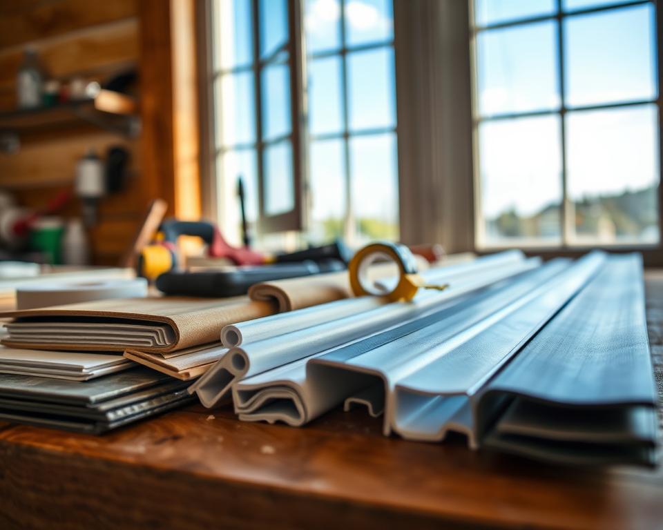 A close-up view of various types of weatherstripping materials displayed on a wooden workbench. In the foreground, focus on an assortment of weatherstripping options, including adhesive foam tape, V-strip, and door sweeps, arranged neatly. The middle ground features tools like a utility knife, measuring tape, and a roll of adhesive tape, suggesting an active DIY project. The background shows a partially open window with a clear blue sky, allowing natural light to illuminate the scene, creating a warm and inviting atmosphere. The image should be crisp and well-lit, with a shallow depth of field to emphasize the foreground materials while softly blurring the background. Capture a sense of diligence and practical creativity in the atmosphere.