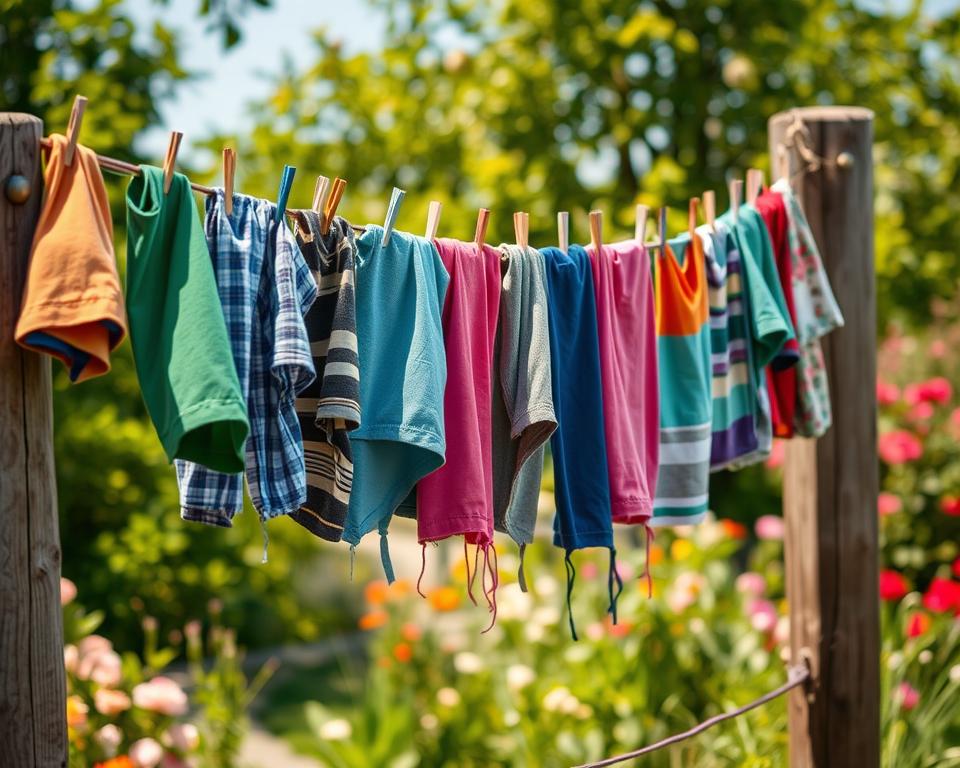 A collection of colorful, repurposed T-shirt rags hanging on a rustic wooden clothesline outdoors, with some rags gently swaying in the breeze. The foreground features a close-up view of the vibrant fabrics, displaying a mix of patterns and textures. In the middle ground, the clothesline stretches between two weathered fence posts, surrounded by lush greenery and softly illuminated by warm, natural sunlight filtering through the leaves. The background shows a subtle blur of blooming flowers and blue sky, creating a peaceful, sunny atmosphere. The scene conveys a sense of sustainability and creativity, highlighting the beauty of transforming old garments into practical cleaning rags.