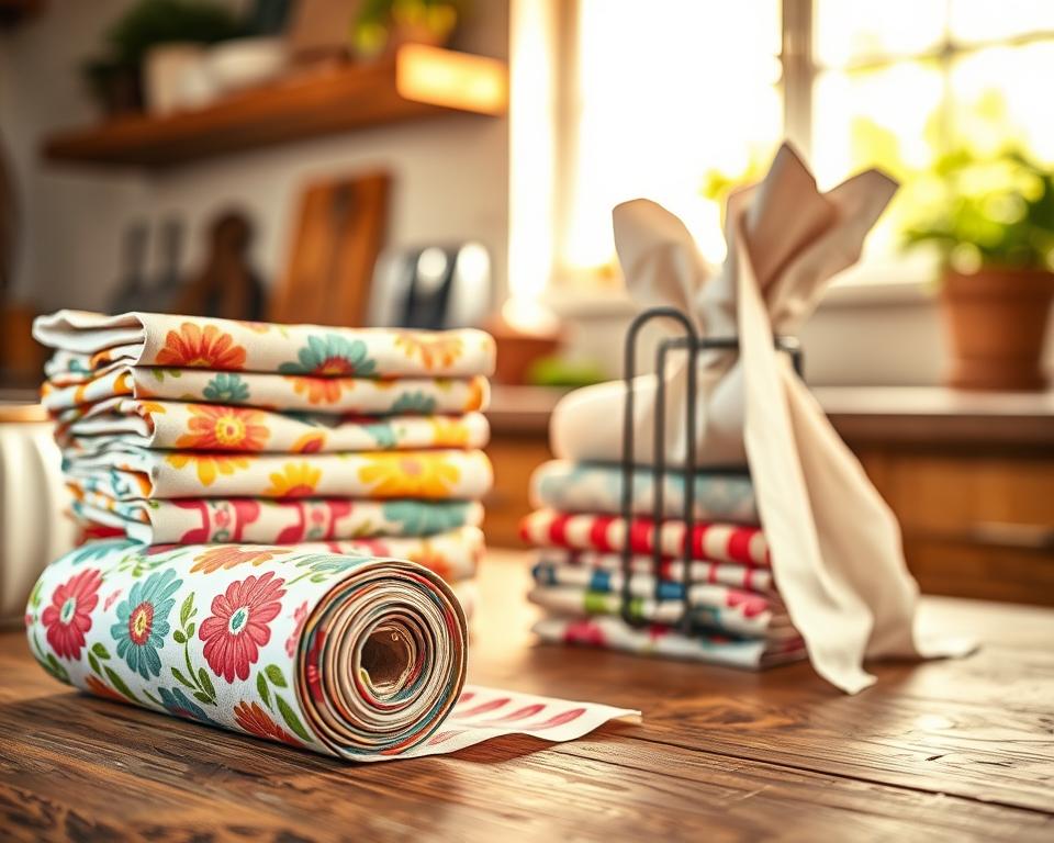A collection of colorful unpaper towels neatly stacked on a rustic wooden kitchen table, showcasing their vibrant patterns of floral and geometric designs. In the foreground, a roll of unpaper towels is partially unfurled, displaying its soft, absorbent texture. In the middle ground, a stylish metal holder can be seen, with some unpaper towels elegantly draped over it. The background features a cozy kitchen setting with warm, natural light streaming in from a nearby window, illuminating the space. The atmosphere is inviting and eco-friendly, emphasizing sustainability and modern homemaking. The image should capture a serene vibe, with a soft focus effect to enhance the comforting and homey feel.