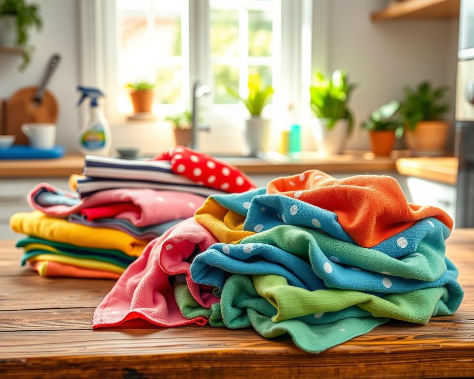 A collection of eco-friendly, repurposed cleaning rags made from old t-shirts, displayed prominently in the foreground on a rustic wooden table. The rags are vibrantly colored, showcasing various patterns like stripes, polka dots, and solid tones, folded neatly to highlight their texture. In the middle ground, a soft, natural light filters through a nearby window, casting gentle shadows that enhance the fabrics' details. The background features a clean kitchen environment with potted plants and eco-friendly cleaning supplies subtly arranged, promoting a safe and sustainable cleaning atmosphere. The overall mood is bright and inviting, encouraging viewers to consider the safety and effectiveness of using repurposed materials for household cleaning tasks.
