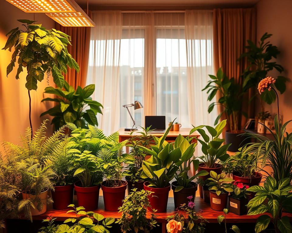 A cozy apartment interior filled with lush green plants thriving under warm LED grow lights. In the foreground, a variety of potted plants, including ferns, herbs, and small flowering species, are arranged on a wooden shelf, showcasing diverse textures and colors. The middle layer features a large, elegant window with sheer curtains, diffusing soft natural light that complements the vibrant glow of the LED lights. In the background, a small, modern workspace with a laptop and gardening books creates a harmonious atmosphere. The scene is framed with warm, inviting tones, and the overall mood exudes tranquility and a sense of nurturing. Use a wide-angle lens to capture the depth of the space, with a focus on the plants' health and color vibrancy.