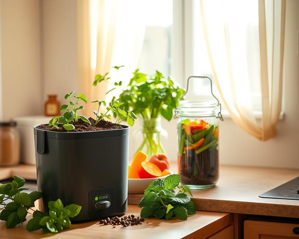 A cozy apartment kitchen featuring composting essentials arranged neatly on a countertop. In the foreground, a stylish, modern compost bin filled with rich, dark, finished compost sits next to vibrant potted herbs, like basil and mint. In the middle, there's a glass jar revealing colorful vegetable scraps and coffee grounds, suggesting the composting process. In the background, natural light floods through a window adorned with airy curtains, illuminating the space and casting soft shadows. The atmosphere is warm and inviting, resonating with the idea of sustainability. Use a slightly elevated angle to capture the countertop details while maintaining a balanced composition, showcasing the essentials for apartment composting in a harmonious setting.