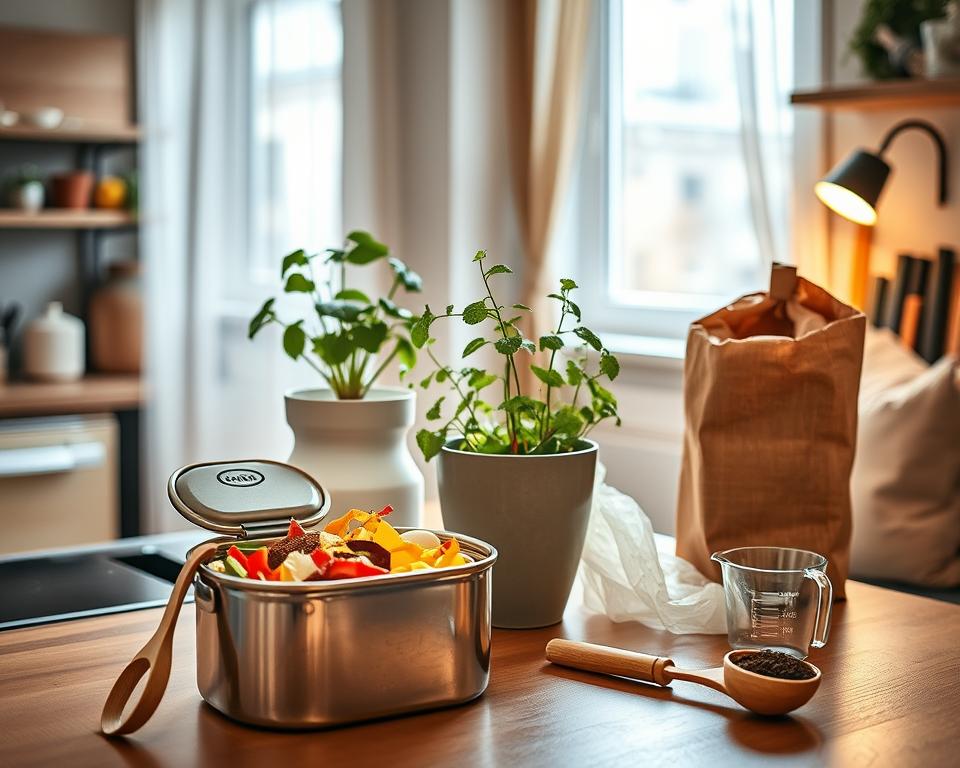 A cozy apartment kitchen scene centered around composting essentials. In the foreground, a stylish, small compost bin made of stainless steel, filled with colorful kitchen scraps like vegetable peels, coffee grounds, and eggshells. Beside it, a collection of composting tools: a wooden spoon, a set of biodegradable bags, and a measuring cup for balanced composting. In the middle, a potted herb plant thrives on a windowsill, emphasizing sustainable living. The background shows a warmly lit kitchen with natural light filtering through sheer curtains, highlighting a small indoor garden setup. The mood is inviting and eco-friendly, inspiring a sense of responsibility toward reducing waste. The angle is slightly elevated, capturing the essence of an urban lifestyle committed to sustainability.