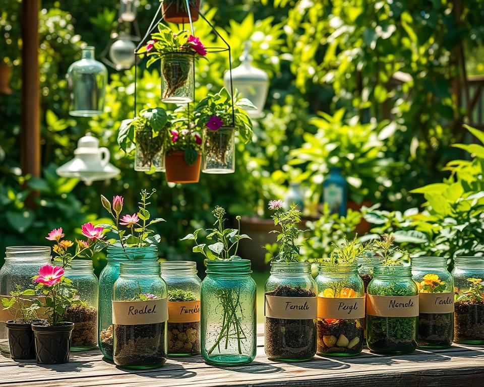 A cozy garden setting featuring a variety of repurposed glass jars creatively used for gardening. In the foreground, colorful glass jars filled with soil, vibrant flowering plants, and herbs, showcasing labels made from recycled materials. The middle ground includes a rustic wooden table adorned with more glass jar planters, some hanging from a wire frame filled with cascading plants. In the background, a sun-drenched garden with lush greenery and soft, diffused sunlight filtering through leaves, creating a warm and inviting atmosphere. The scene should have a shallow depth of field to emphasize the jars while softly blurring the background. Capture the essence of creativity and sustainability in gardening.