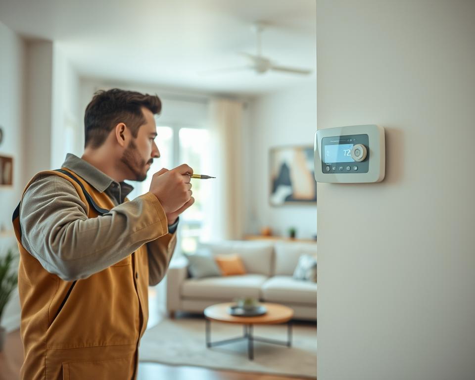 A cozy home interior with a focus on an energy-efficient programmable thermostat being installed on a wall. In the foreground, a skilled technician, wearing professional work attire, carefully mounts the thermostat, using a screwdriver. The technician is focused and precise, embodying professionalism and expertise. In the middle ground, a modern living room is featured, showcasing stylish furniture and soft textures in warm tones, adding a welcoming atmosphere. In the background, a window lets in natural light, illuminating the space and creating an inviting feel. The scene captures a moment of practical home improvement, emphasizing innovation and comfort, with a soft depth of field effect to keep the focus on the installation process.