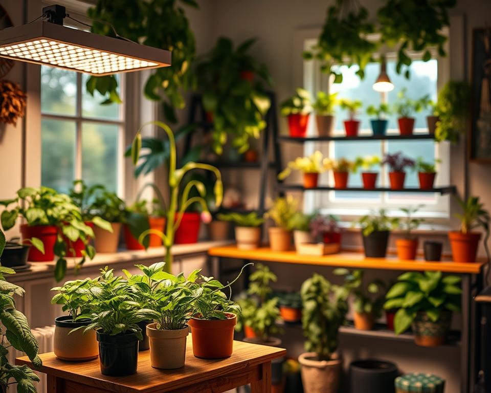 A cozy indoor gardening setup featuring a variety of lush green plants thriving beneath bright LED grow lights. In the foreground, showcase a small wooden table adorned with potted herbs like basil and mint, and a couple of flowering plants, all vividly illuminated. The middle ground reveals a neatly organized shelf filled with various plant pots, each one uniquely designed, showcasing vibrant foliage. In the background, create a sense of depth with a soft-focus view of a window allowing gentle daylight to filter in, enhancing the overall ambiance. Use warm, inviting lighting to evoke a sense of tranquility and growth. Capture the scene from a slightly elevated angle to provide a comprehensive view of the indoor garden, ensuring the mood is one of nurturing and transformation.