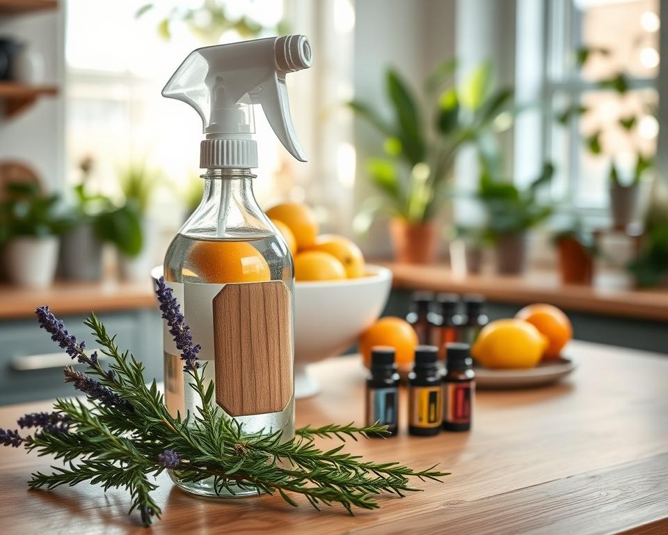 A cozy kitchen setting featuring a beautifully arranged homemade air freshener made with essential oils and water. In the foreground, a glass spray bottle with a rustic wooden label sits on a wooden countertop adorned with lavender and rosemary sprigs. In the middle, a bowl of fresh citrus fruits like lemons and oranges adds a pop of color, alongside a small dish with essential oil bottles. In the background, sunlight filters through a window, casting a warm and inviting glow, illuminating the airy space filled with houseplants. The mood is serene and inviting, ideal for a home atmosphere. The image should be shot from a slightly elevated angle, emphasizing both the fresh ingredients and the calming kitchen environment, ensuring no text or overlays are included.