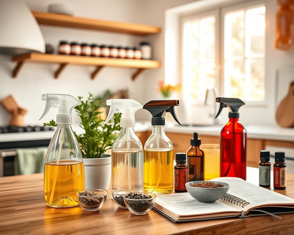 A cozy kitchen setting featuring a variety of homemade air fresheners made from essential oils and water. In the foreground, a wooden table displays several glass spray bottles filled with colorful liquids, alongside small bowls filled with dried herbs and essential oil bottles. The middle ground includes a potted plant and a notebook with troubleshooting tips, emphasizing the theme of common issues. The background features soft shelves with neatly arranged jars of essential oils and a pleasant window casting warm, natural light into the space. The overall mood is inviting and homey, with a focus on DIY solutions for enhancing fragrance, suggesting a sense of comfort and creativity. The composition is bright, emphasizing natural materials and colors, photographed with a warm lens from a slightly elevated angle.