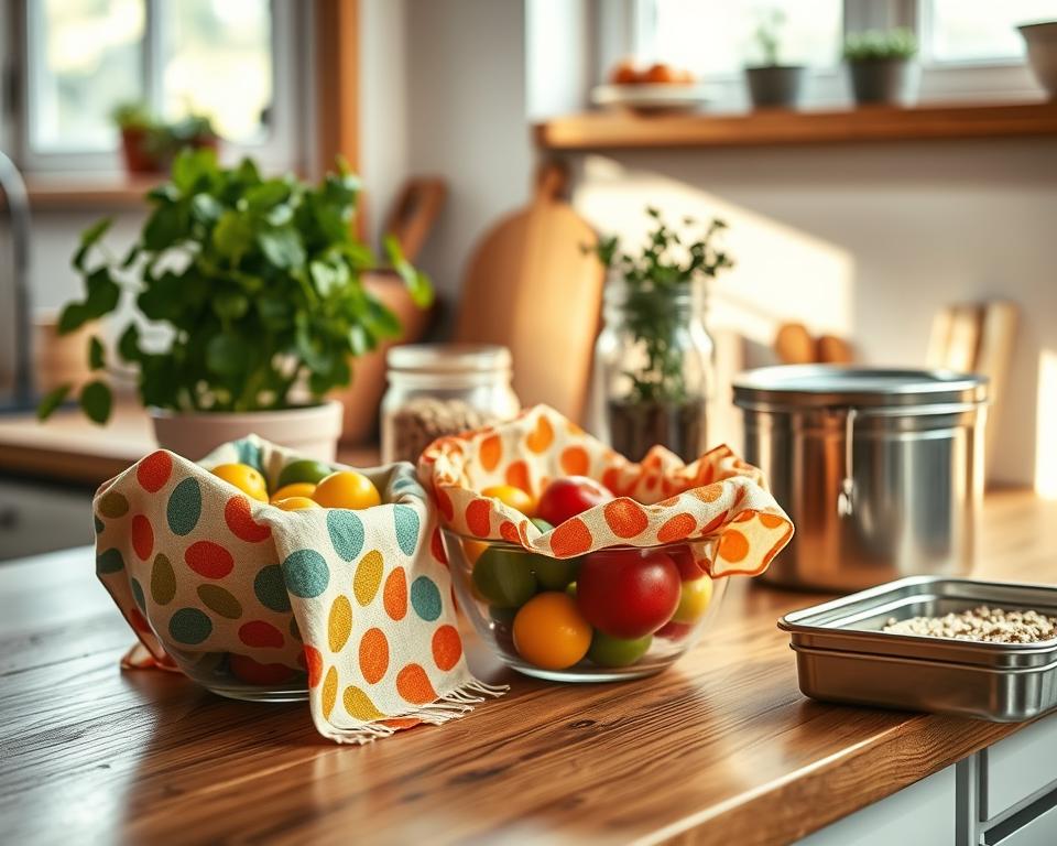 A cozy kitchen setting filled with natural light, featuring a wooden countertop adorned with assorted eco-friendly food storage solutions. In the foreground, a variety of colorful homemade beeswax wraps in different patterns are gently draped over glass bowls and fresh produce, showcasing their versatility. The middle ground highlights a glass jar with grains and a stainless steel food container, containing leftovers. In the background, a potted herb plant adds a touch of greenery to the scene, emphasizing sustainability. Soft, warm lighting creates an inviting atmosphere, with a focal length that captures the intricate textures of the beeswax wraps and other storage items. The overall mood is eco-conscious and nurturing, perfect for promoting environmentally-friendly food storage practices.