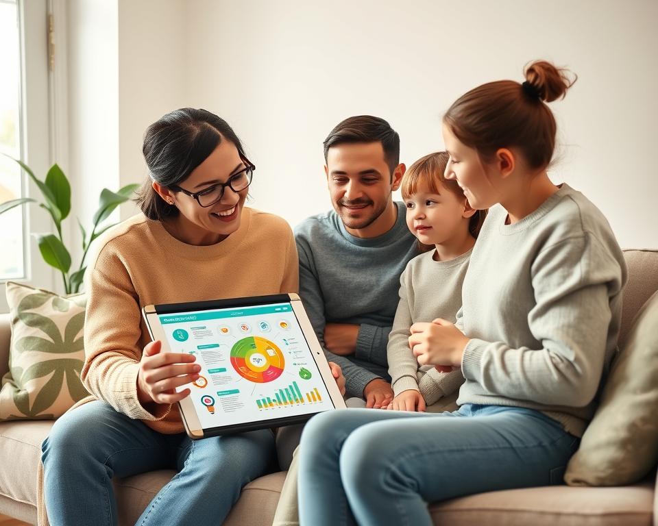 A cozy living room scene featuring a family of four engaged in a discussion about energy-saving tips. In the foreground, a father and mother, dressed in casual and modest clothing, are pointing to a colorful infographic on a tablet, illustrating various ways to conserve energy at home. Their children, a boy and a girl, are actively listening and looking curious. The middle ground showcases a soft, inviting couch adorned with eco-friendly cushions and a potted plant. The background reveals a window with natural light streaming in, emphasizing a warm atmosphere. The lighting is bright and inviting, creating a sense of positivity and encouragement around the topic of energy conservation. The overall mood is educational and family-oriented, encouraging teamwork to reduce electricity waste.