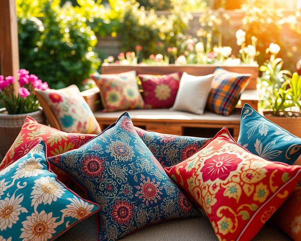 A cozy outdoor setting showcasing a variety of colorful outdoor cushions arranged on a stylish upcycled pallet lounge seating. The foreground features plush cushions in vibrant patterns and textures, including floral and geometric designs, invitingly piled on the seating. In the middle, a well-constructed pallet sofa with a rustic finish can be seen, adorned with soft cushions that enhance comfort. The background includes a serene garden with greenery and blooming flowers, bathed in warm, natural sunlight, creating a relaxed atmosphere. The image is captured with a slight depth of field to focus on the cushions, emphasizing their inviting nature. The overall mood is peaceful and inviting, perfect for outdoor relaxation.